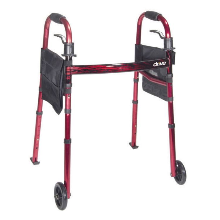 Drive Medical RTL10263KDR folding travel walker with 5-inch wheels – red