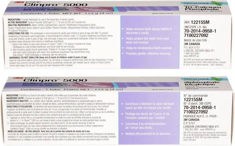 Ingredients list on 3M Clinpro 5000 Anti-Cavity Toothpaste Vanilla Mint packaging, showing active ingredient 1.1% sodium fluoride