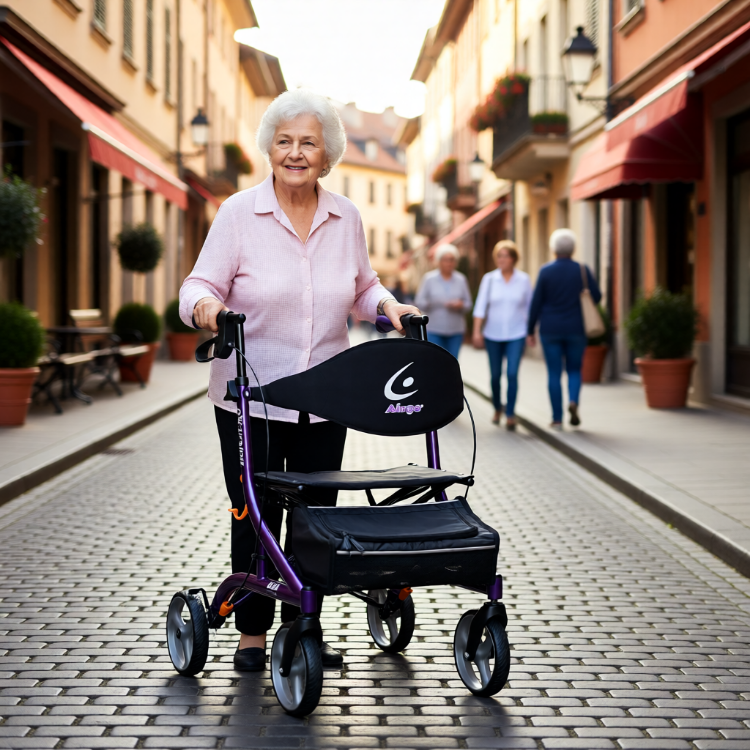 a woman walking the streets with Airgo eXcursion X20 Lightweight Side-Fold Rollator in Eggplant Purple