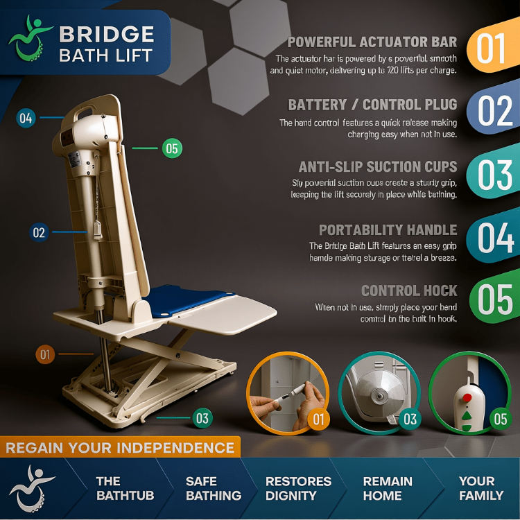 Medline bridge Powered Bath Chair Lift with waterproof hand control for safe bathtub transfers 