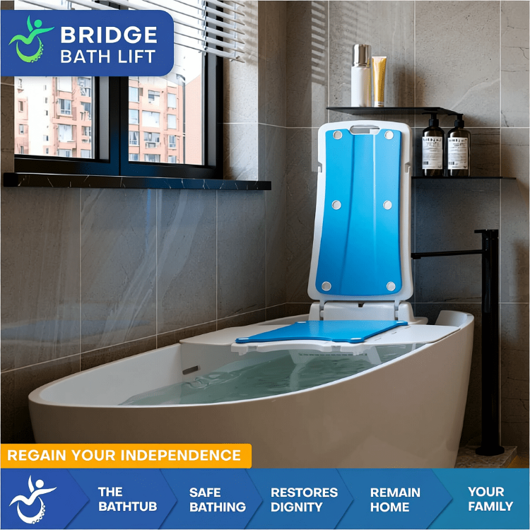 Medline bridge Powered Bath Chair Lift with waterproof hand control for safe bathtub transfers fitted in a tub