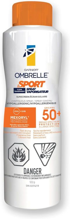 Garnier Ombrelle Sport Clear Sunscreen Spray SPF 50+ bottle front view 122g