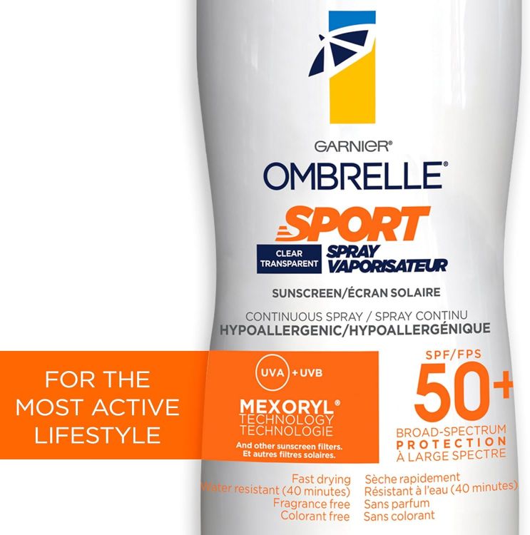 Garnier Ombrelle Sport Clear Sunscreen Spray water and sweat resistant formula