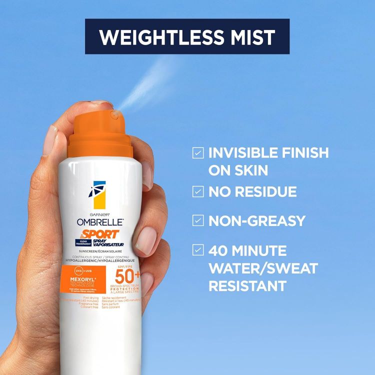 Garnier Ombrelle Sport Clear Sunscreen Spray SPF 50+ product details label