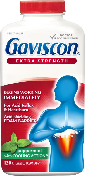Gaviscon Extra Strength Peppermint tablets for acid reflux 120 count front view