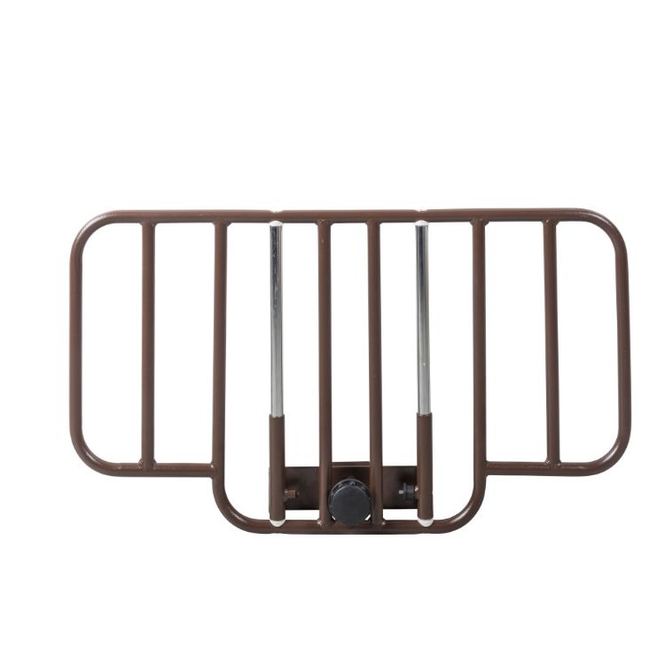 Half length bariatric bed rail with brown finish for lightweight homecare bed
