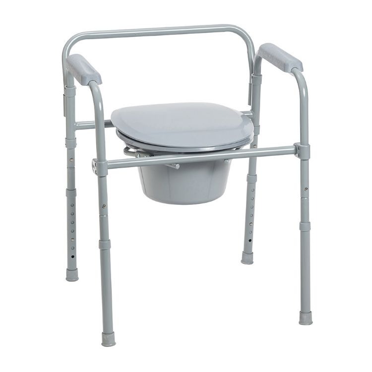 Folding steel commode with snap-on seat and bucket