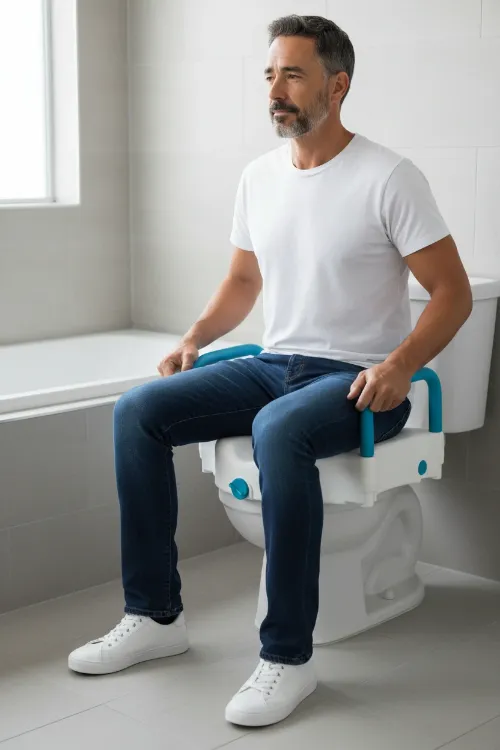 Aquasense Contoured Raised Toilet Seat for Seniors and Mobility Support with front lock and man sitting